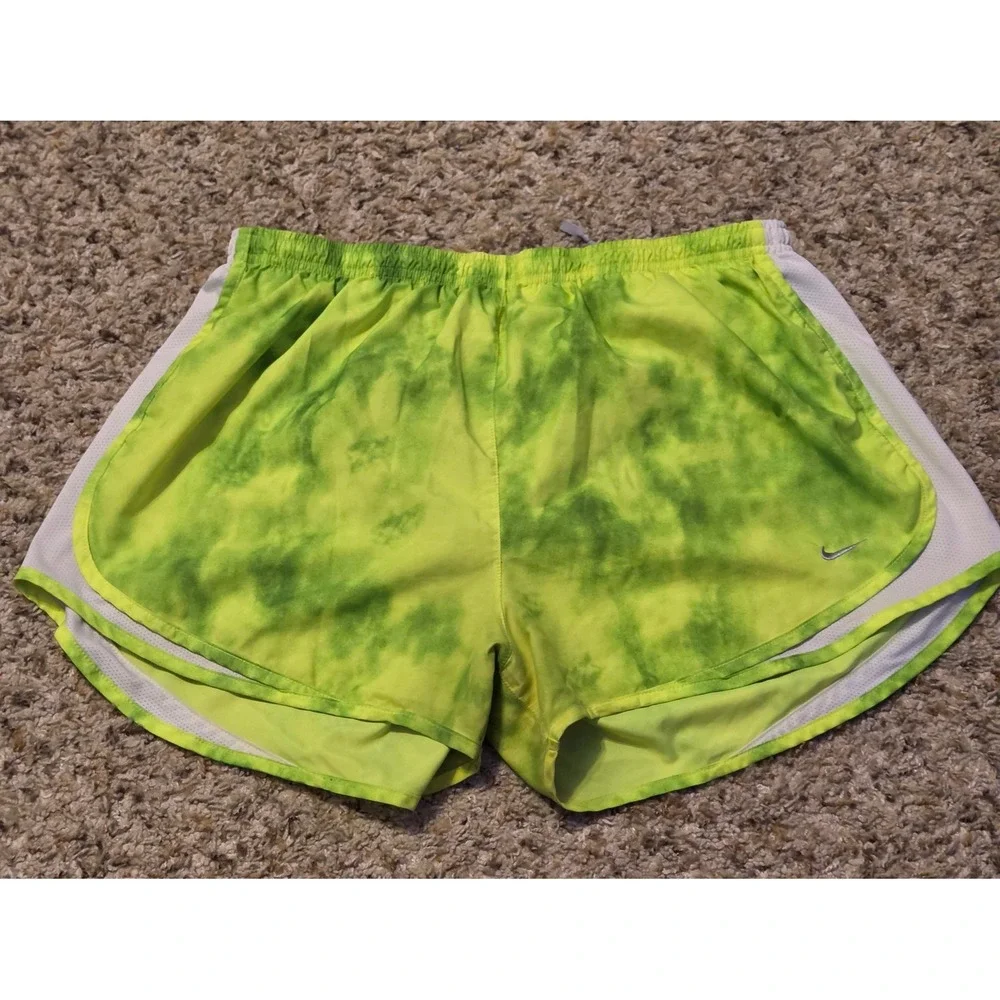 Nike Dri-Fit Tempo Running Shorts Women's Size Large Green Yellow Tie Dye‎